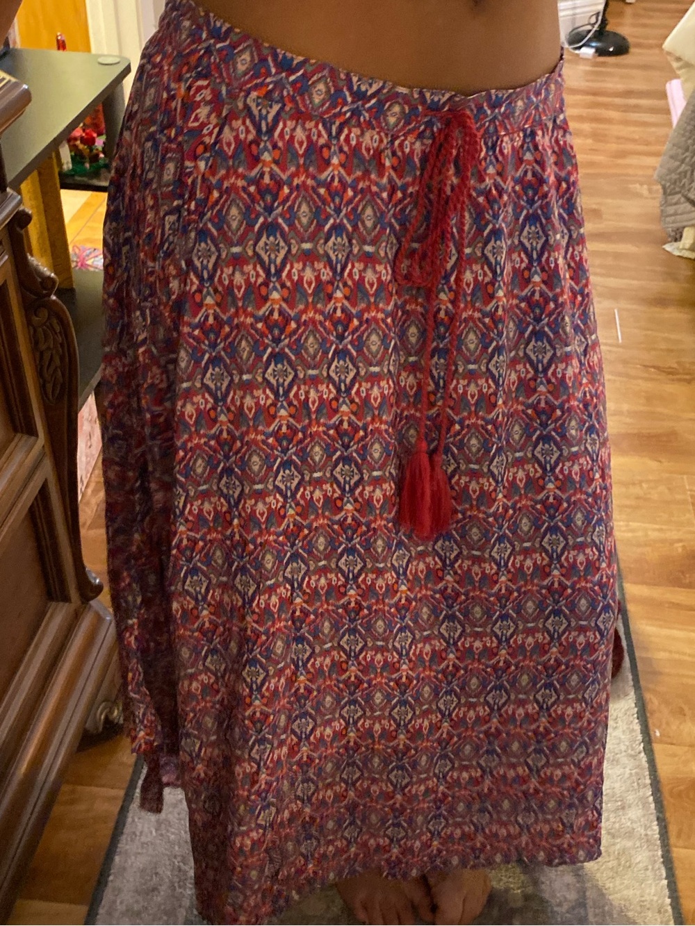 Hollister Red and Blue Patterned Midi Skirt with Tassel Drawstring